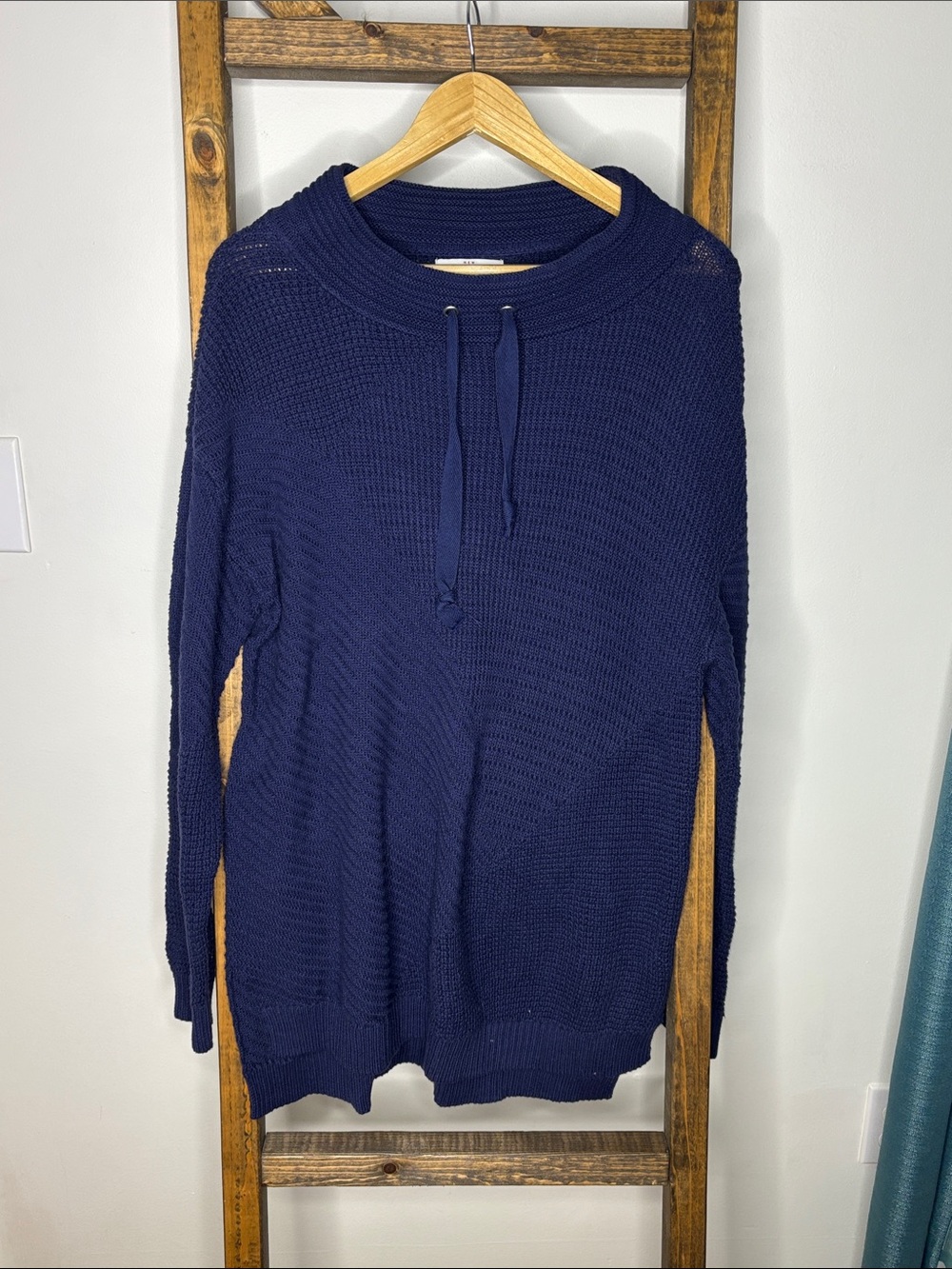 new directions Navy Cowl Neck Knit Pullover with Drawstring Size XL